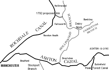 map showing location of Hollinwood and Fairbottom Branch Canals