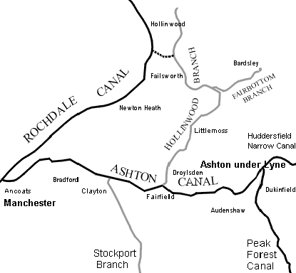 map showing location of Hollinwood and Fairbottom Branch Canals